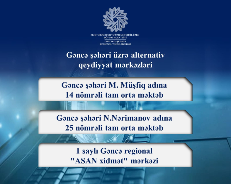 Gəncə-Daşkəsən Regional Təhsil İdarəsi üzrə birinci sinfə qəbulla bağlı 18 alternativ qeydiyyat mərkəzi təşkil edilib